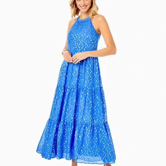 Lilly Pulitzer NWT BECCALYN MAXI DRESS, BOCA BLUE VISCOSE METALLIC CLIP DOBBY XL - Picture 2 of 5